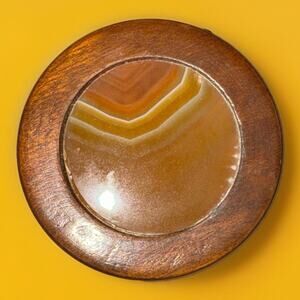 Round Brazillian Agate Top And Wood Trinket Or Jewrey Box Preowned EUC